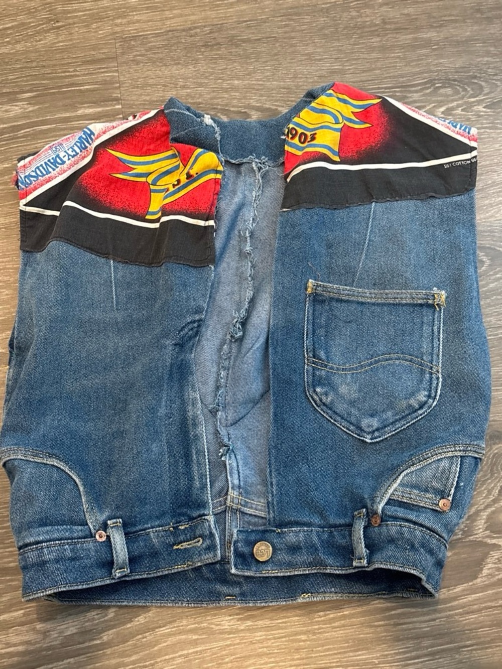 Vintage Denim Vest with Red & Yellow Graphic Yoke